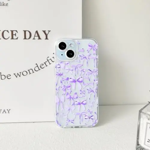 NITITOP Compatible with iPhone 15 Plus Case Cute Clear Bowknot Design for Women Girls Purple Bow Ribbon Soft Fit Slim Stylish Protective Phone Cover - Purple - 5