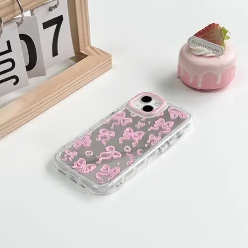 NITITOP iPhone 15 Plus korpusi bilan mos, ayollar va qizlar uchun go'zal oyna oynali sevimli yurak naqshlari bilan lenta dizayni zarbga chidamli kumush himoya qiluvchi telefon korpusi - pushti kamon - 4