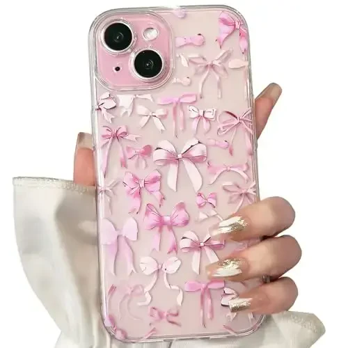 NITITOP iPhone 15 Plus korpusi bilan mos, ayollar va qizlar uchun yoqimli shaffof kamon tasvirli, pushti kamon lenta, yumshoq, yupqa, zamonaviy, himoya qiluvchi telefon korpusi - pushti - Modazone