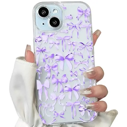 NITITOP iPhone 15 Plus uchun mos keladigan g'ilof, ayollar qizlar uchun yoqimli tiniq bant dizayni, binafsha rangli kamon lenta, yumshoq, ingichka, zamonaviy himoya telefon qopqog'i - binafsha - NITITOP