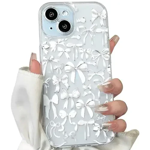 NITITOP iPhone 15 Plus uchun mos keladigan g‘ilof Ayollar qizlar uchun yoqimli tiniq bantli dizayn Oq kamonli lenta Yumshoq ingichka zamonaviy himoya telefon qopqog‘i - Oq - 1