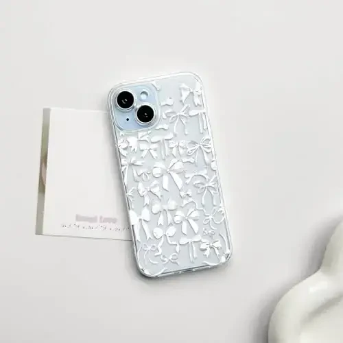 NITITOP iPhone 15 Plus uchun mos keladigan g‘ilof Ayollar qizlar uchun yoqimli tiniq bantli dizayn Oq kamonli lenta Yumshoq ingichka zamonaviy himoya telefon qopqog‘i - Oq - NITITOP (1)