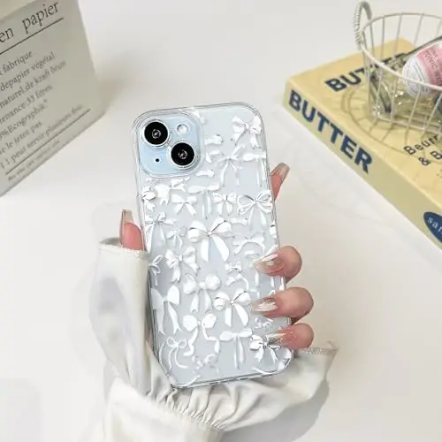 NITITOP iPhone 15 Plus uchun mos keladigan g‘ilof Ayollar qizlar uchun yoqimli tiniq bantli dizayn Oq kamonli lenta Yumshoq ingichka zamonaviy himoya telefon qopqog‘i - Oq - 3