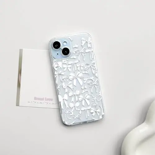 NITITOP iPhone 15 Plus uchun mos keladigan g‘ilof Ayollar qizlar uchun yoqimli tiniq bantli dizayn Oq kamonli lenta Yumshoq ingichka zamonaviy himoya telefon qopqog‘i - Oq - 2