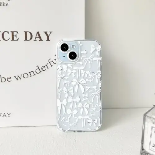 NITITOP iPhone 15 Plus uchun mos keladigan g‘ilof Ayollar qizlar uchun yoqimli tiniq bantli dizayn Oq kamonli lenta Yumshoq ingichka zamonaviy himoya telefon qopqog‘i - Oq - 6