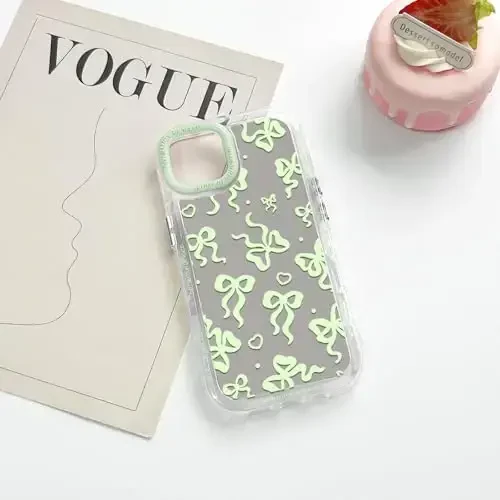 NITITOP iPhone 15 Plus uchun mos keladigan g'ilof, ayollar va qizlar uchun yoqimli oyna, kamon, yurak naqshlari, lentalar dizayni, zarbaga chidamli kumush himoya telefon qopqog'i - Yashil kamon - 5