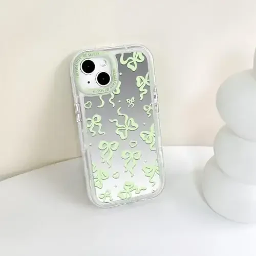 NITITOP iPhone 15 Plus uchun mos keladigan g'ilof, ayollar va qizlar uchun yoqimli oyna, kamon, yurak naqshlari, lentalar dizayni, zarbaga chidamli kumush himoya telefon qopqog'i - Yashil kamon - 7