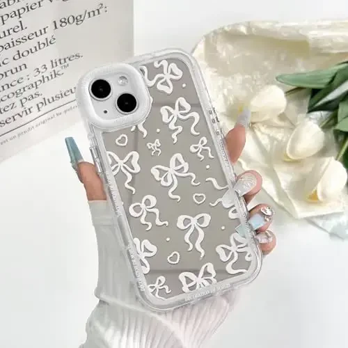 NITITOP iPhone 15 Plus uchun mos keladigan g'ilof, ayollar va qizlar uchun yoqimli oyna, kamon, yurak naqshli, lental dizayni, zarbaga chidamli kumush himoya telefon qopqog'i - Oq kamon - 3