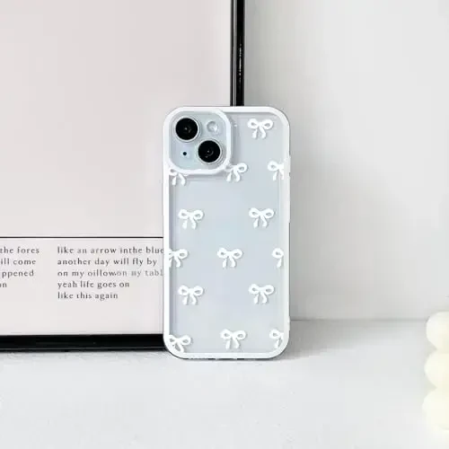 NITITOP iPhone 15 Plus uchun mos keladigan g'ilof, qizlar va ayollar uchun chiroyli shaffof bardoshli lenta kamon naqshli, yumshoq TPU shaffof to'liq kamera linzalari zarbaga chidamli himoya telefon qopqog'i - oq - 4