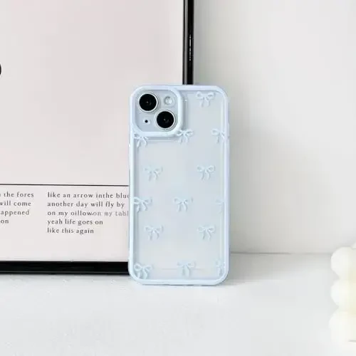 NITITOP iPhone 15 Plus uchun mos keladigan g'ilof, qizlar va ayollar uchun chiroyli tiniq, bardoshli lenta kamon naqshli, yumshoq TPU shaffof, to'liq kamera linzalari zarbga chidamli himoya telefon qopqog'i - Moviy - 4