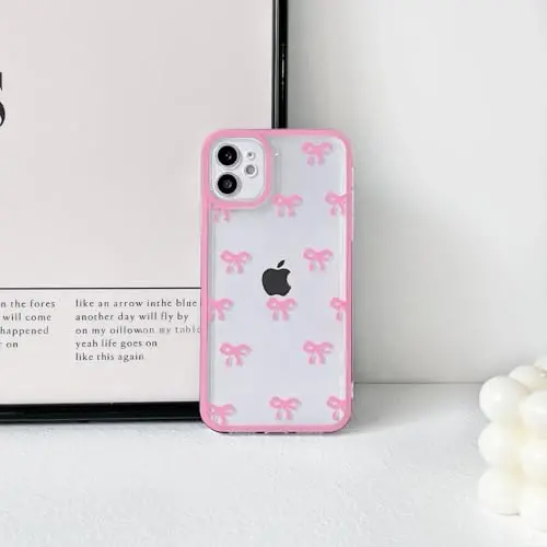 NITITOP iPhone 15 Plus uchun mos keladigan g'ilof, qizlar va ayollar uchun chiroyli tiniq bardoshli lenta kamon naqshli yumshoq TPU shaffof to'liq kamera linzali zarbaga chidamli himoya telefon qopqog'i - och qizil - 4