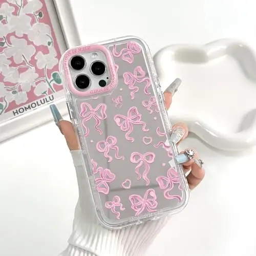 NITITOP Compatible with iPhone 15 Pro Case Cute Mirror Bow Love Heart Pattern for Women Girls Ribbon Design Shockproof Silver Protective Phone Cover - Pink Bow - 3