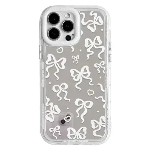 NITITOP Compatible with iPhone 15 Pro Case Cute Mirror Bow Love Heart Pattern for Women Girls Ribbon Design Shockproof Silver Protective Phone Cover - White Bow - NITITOP