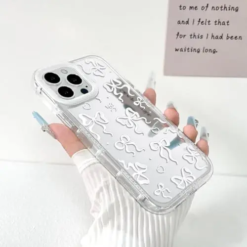 NITITOP Compatible with iPhone 15 Pro Case Cute Mirror Bow Love Heart Pattern for Women Girls Ribbon Design Shockproof Silver Protective Phone Cover - White Bow - NITITOP (1)