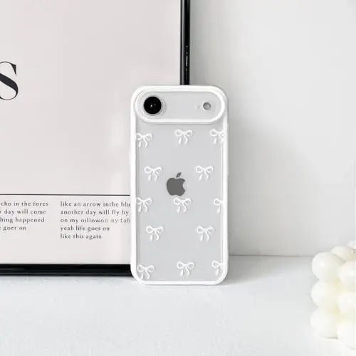NITITOP Compatible with iPhone 15 Pro Case Cute Clear Durable Ribbon Bowknot Pattern for Girls Women Soft TPU Transparent Full Camera Lens Shockproof Protective Phone Cover - White - 6