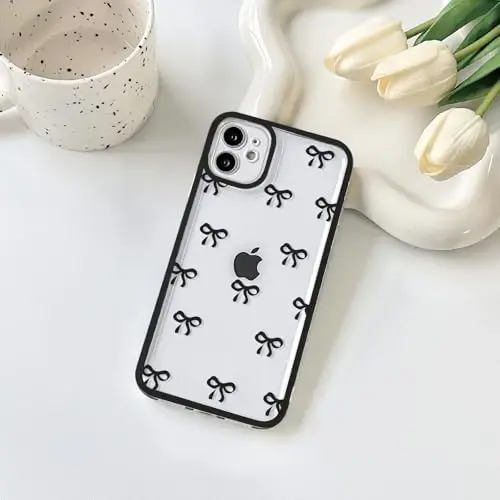 NITITOP Compatible with iPhone 15 Pro Case Cute Clear Durable Ribbon Bowknot Pattern for Girls Women Soft TPU Transparent Full Camera Lens Shockproof Protective Phone Cover - Black - 2