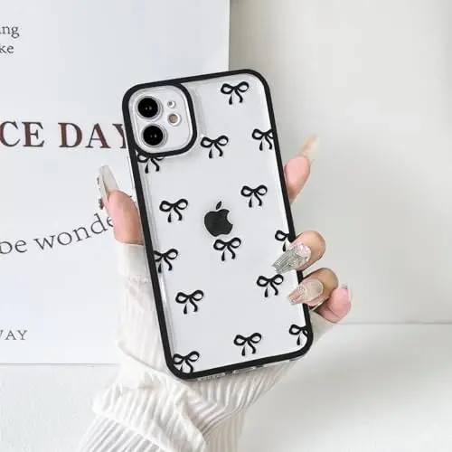 NITITOP Compatible with iPhone 15 Pro Case Cute Clear Durable Ribbon Bowknot Pattern for Girls Women Soft TPU Transparent Full Camera Lens Shockproof Protective Phone Cover - Black - 5