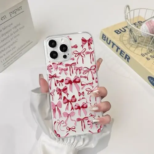 NITITOP Compatible with iPhone 15 Pro Case Cute Clear Bowknot Design for Women Girls Red Bow Ribbon Soft Fit Slim Stylish Protective Phone Cover - Red - 3