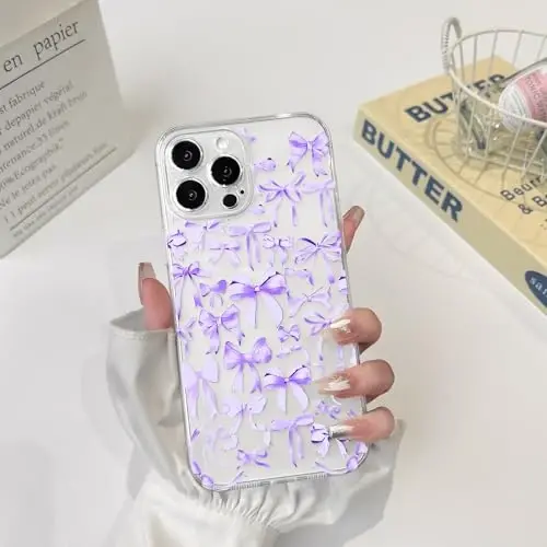 NITITOP Compatible with iPhone 15 Pro Case Cute Clear Bowknot Design for Women Girls Purple Bow Ribbon Soft Fit Slim Stylish Protective Phone Cover - Purple - 3