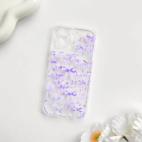 NITITOP Compatible with iPhone 15 Pro Case Cute Clear Bowknot Design for Women Girls Purple Bow Ribbon Soft Fit Slim Stylish Protective Phone Cover - Purple - 4