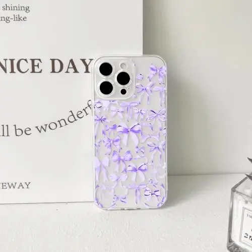 NITITOP Compatible with iPhone 15 Pro Case Cute Clear Bowknot Design for Women Girls Purple Bow Ribbon Soft Fit Slim Stylish Protective Phone Cover - Purple - 5