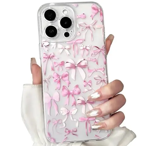 NITITOP Compatible with iPhone 15 Pro Case Cute Clear Bowknot Design for Women Girls Pink Bow Ribbon Soft Fit Slim Stylish Protective Phone Cover - Pink - 1