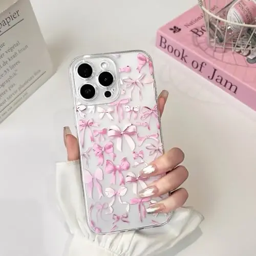 NITITOP Compatible with iPhone 15 Pro Case Cute Clear Bowknot Design for Women Girls Pink Bow Ribbon Soft Fit Slim Stylish Protective Phone Cover - Pink - 3