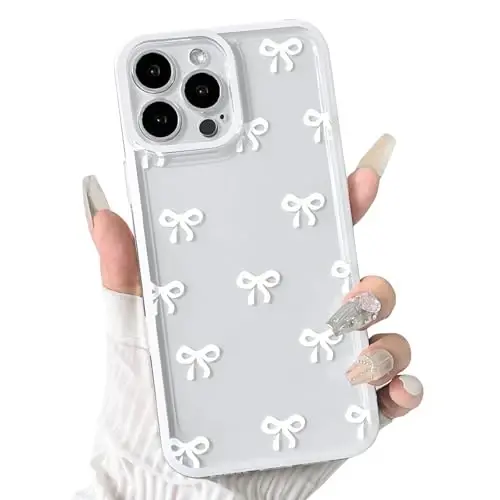 NITITOP iPhone 15 Pro Max bilan mos keladigan g'ilof, qizlar va ayollar uchun yoqimli, tiniq, bardoshli lenta kamon naqshli, yumshoq TPU shaffof to'liq kamera linzalari zarbga chidamli himoya telefon qopqog'i - Oq 