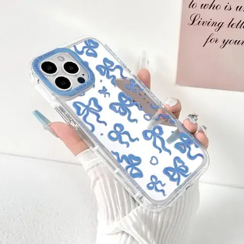 NITITOP Compatible with iPhone 15 Pro Max Case Cute Mirror Bow Love Heart Pattern for Women Girls Ribbon Design Shockproof Silver Protective Phone Cover - Indigo Blue Bow - 2