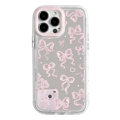NITITOP Compatible with iPhone 15 Pro Max Case Cute Mirror Bow Love Heart Pattern for Women Girls Ribbon Design Shockproof Silver Protective Phone Cover - Light Pink Bow - NITITOP