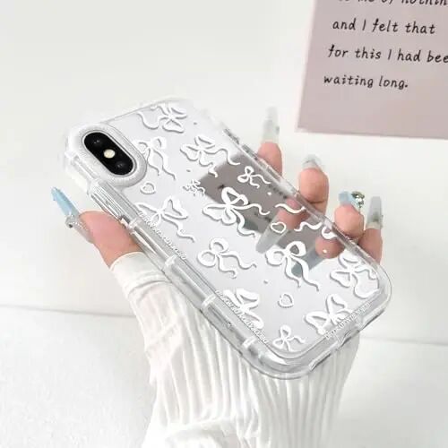 NITITOP Compatible with iPhone 15 Pro Max Case Cute Mirror Bow Love Heart Pattern for Women Girls Ribbon Design Shockproof Silver Protective Phone Cover - White Bow - NITITOP (1)