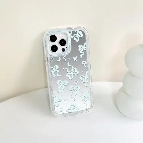 NITITOP Compatible with iPhone 15 Pro Max Case Cute Mirror Bow Love Heart Pattern for Women Girls Ribbon Design Shockproof Silver Protective Phone Cover - Blue Bow - 7