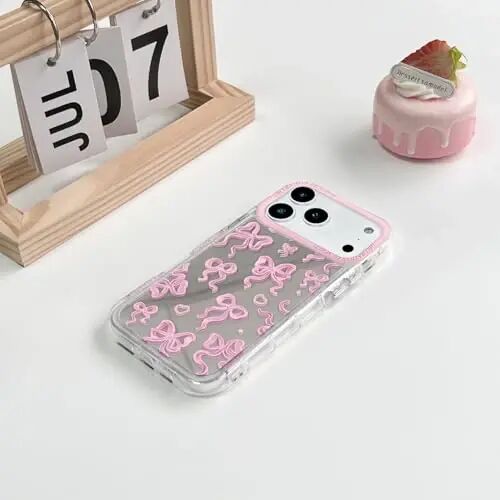 NITITOP Compatible with iPhone 15 Pro Max Case Cute Mirror Bow Love Heart Pattern for Women Girls Ribbon Design Shockproof Silver Protective Phone Cover - Pink Bow - 5
