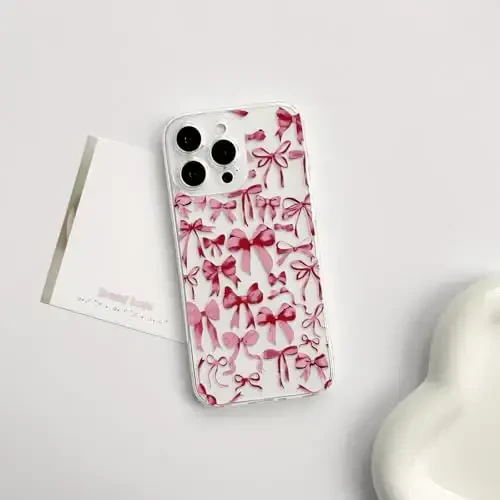 NITITOP Compatible with iPhone 15 Pro Max Case Cute Clear Bowknot Design for Women Girls Red Bow Ribbon Soft Fit Slim Stylish Protective Phone Cover - Red - 11