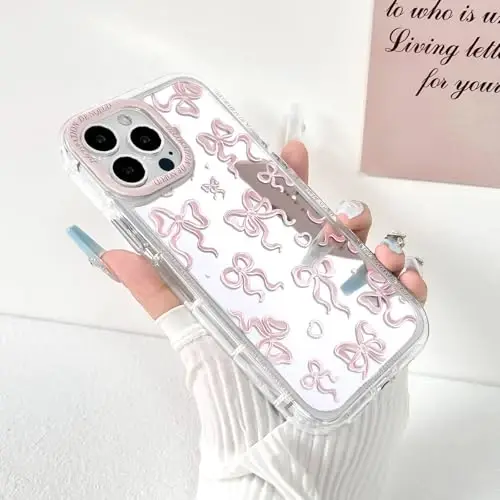 NITITOP iPhone 15 Pro Max uchun mos keladigan g'ilof, ayollar va qizlar uchun yoqimli oyna kamon sevgi yurak naqshli, lental dizayni, zarbaga chidamli kumush himoya telefon qopqog'i - och pushti kamon - 2