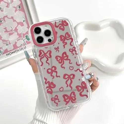 NITITOP iPhone 15 Pro Max uchun mos keladigan quti Ayollar qizlar uchun yoqimli oyna kamon sevgi yurak naqshli lenta dizayni zarbaga chidamli kumush himoya telefon qopqog'i - sharob qizil kamon - 3