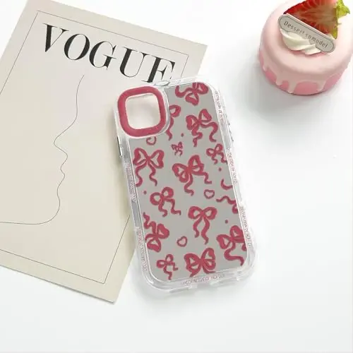 NITITOP iPhone 15 Pro Max uchun mos keladigan quti Ayollar qizlar uchun yoqimli oyna kamon sevgi yurak naqshli lenta dizayni zarbaga chidamli kumush himoya telefon qopqog'i - sharob qizil kamon - 6
