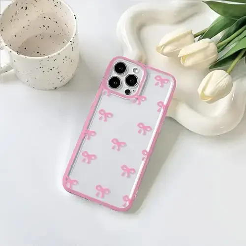 NITITOP iPhone 15 Pro uchun g'ilof bilan mos keladi Chiroyli tiniq bardoshli lenta Bowknot naqshli qizlar ayollar uchun Yumshoq TPU shaffof to'liq kamera linzalari zarbga chidamli himoya telefon qopqog'i - pushti qizil - NITITOP (1)
