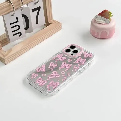 NITITOP iPhone 15 Pro uchun g'ilof bilan mos keladi, qizlar uchun yoqimli oyna kamon sevgi yurak naqshli, lental dizayni zarbaga chidamli kumush himoya telefon qopqog'i - pushti kamon - 4