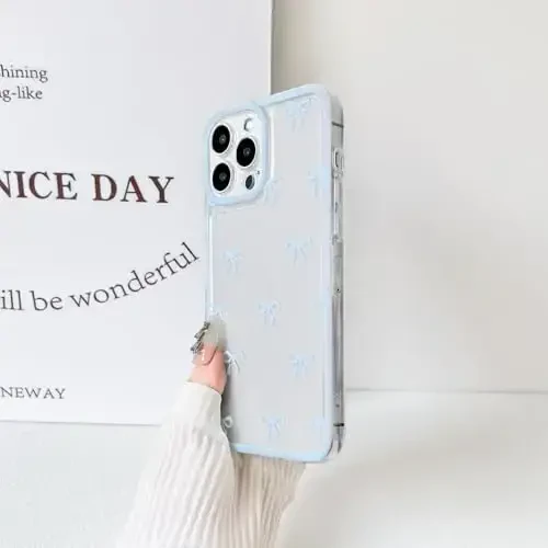 NITITOP iPhone 15 Pro uchun g'ilof, chiroyli tiniq bardoshli lenta kamonchasi naqshli qizlar ayollar uchun yumshoq TPU shaffof to'liq kamera linzalari zarbga chidamli himoya telefon qopqog'i - ko'k - 5