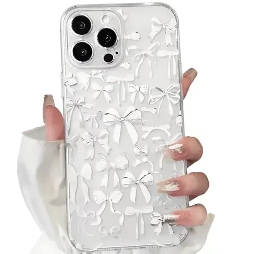 NITITOP iPhone 15 Pro uchun mos keladigan chexol Ayollar qizlar uchun yoqimli tiniq kamon dizayni Oq kamon lentalari Yumshoq ingichka zamonaviy himoya telefon qopqog'i - Oq 