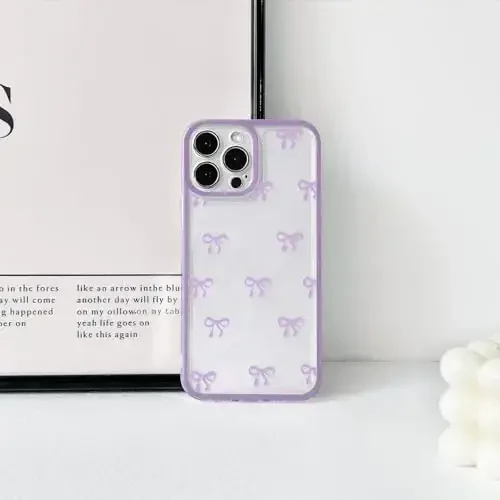 NITITOP iPhone 15 Pro uchun mos keladigan g'ilof Qizlar va ayollar uchun yoqimli shaffof bardoshli lenta kamoncha naqshli yumshoq TPU shaffof to'liq kamera linzalari zarbga chidamli himoya telefon qopqog'i - Binafsha - 4