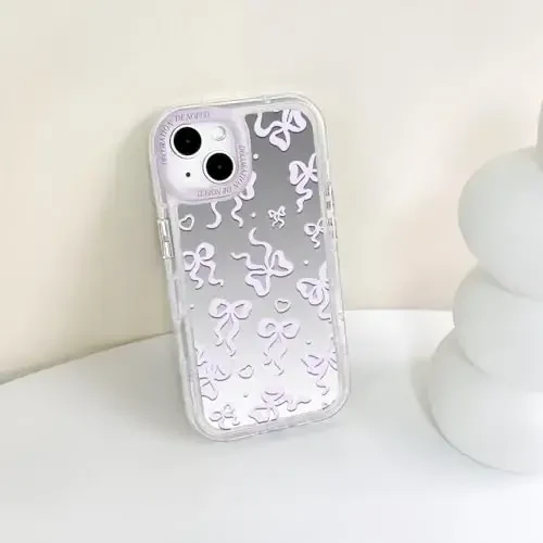 NITITOP iPhone 15 uchun g'ilof bilan mos keladi, ayollar qizlar uchun yoqimli oyna kamon sevgi yurak naqshli lenta dizayni zarbaga chidamli kumush himoya telefon qopqog'i - pushti binafsha kamon - 7