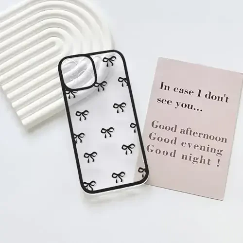 NITITOP iPhone 15 uchun g'ilof bilan mos keladi, chiroyli tiniq bardoshli lenta kamoncha naqshli qizlar uchun, ayollar yumshoq TPU shaffof to'liq kamera linzalari zarbga chidamli himoya telefon qopqog'i - qora - 3