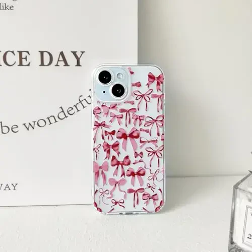 NITITOP iPhone 15 uchun g'ilof bilan mos keladi, Qizlar uchun yoqimli shaffof kamon dizayni Qizil kamonli lenta Yumshoq ingichka zamonaviy himoya telefon qopqog'i - Qizil - 5