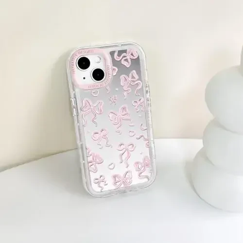 NITITOP iPhone 15 uchun mos keladigan chexol Ayollar qizlar uchun yoqimli oyna kamon sevgi yurak naqshli lenta dizayni zarbaga chidamli kumush himoya telefon qopqog'i - och pushti kamon - 7