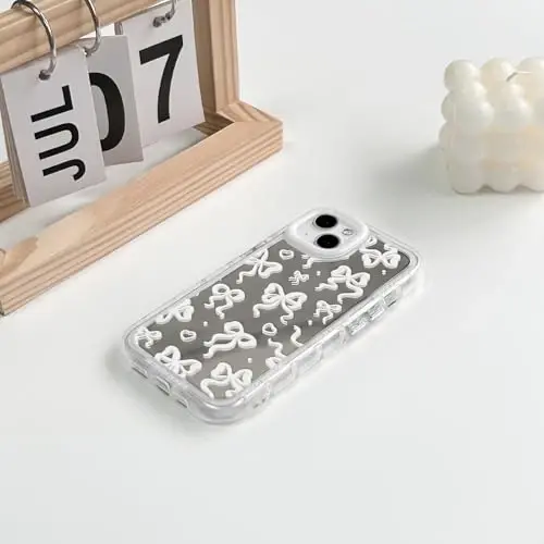 NITITOP iPhone 15 uchun mos keladigan g'ilof Ayollar qizlar uchun yoqimli oyna kamon sevgi yurak naqshli lenta dizayni zarbaga chidamli kumush himoya telefon qopqog'i - Oq kamon - 4