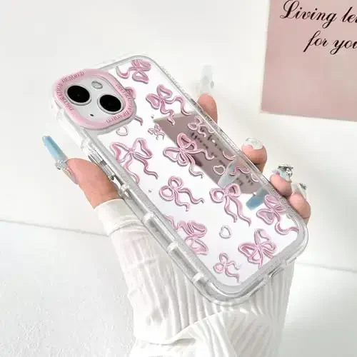 NITITOP iPhone 15 uchun mos keladigan g'ilof Ayollar qizlar uchun yoqimli oyna kamon sevgi yurak naqshli lental dizayni zarbaga chidamli kumush himoya telefon qopqog'i - pushti kamon - 2