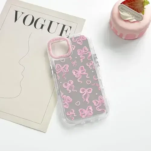 NITITOP iPhone 15 uchun mos keladigan g'ilof Ayollar qizlar uchun yoqimli oyna kamon sevgi yurak naqshli lental dizayni zarbaga chidamli kumush himoya telefon qopqog'i - pushti kamon - 5