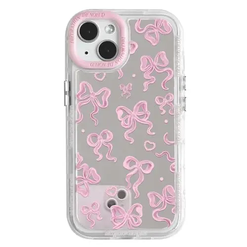 NITITOP iPhone 15 uchun mos keladigan g'ilof Ayollar qizlar uchun yoqimli oyna kamon sevgi yurak naqshli lental dizayni zarbaga chidamli kumush himoya telefon qopqog'i - pushti kamon 